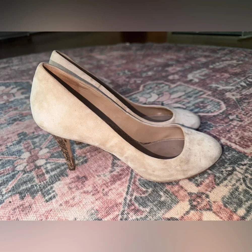 Taupe Tory Burch Mabel Suede Pumps with Snakeskin‎ Heel